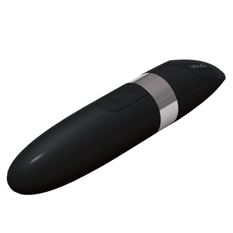 A sleek, black lipstick-style vibrator with a smooth surface, USB charging port, and ergonomic design.