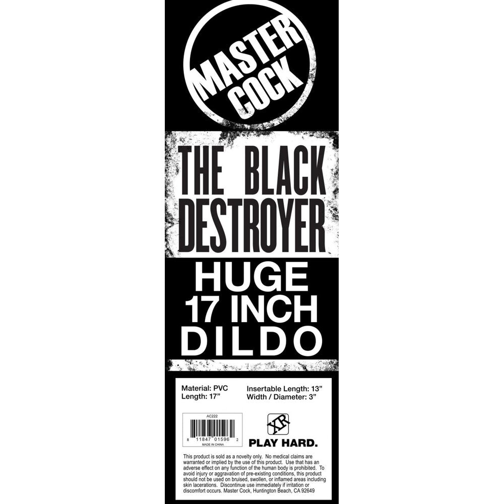 Product packaging for 'The Black Destroyer' dildo with branding and product details.