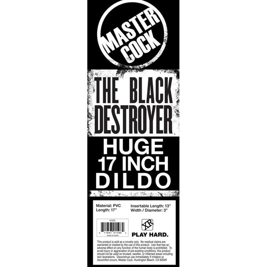 Product packaging for 'The Black Destroyer' dildo with branding and product details.