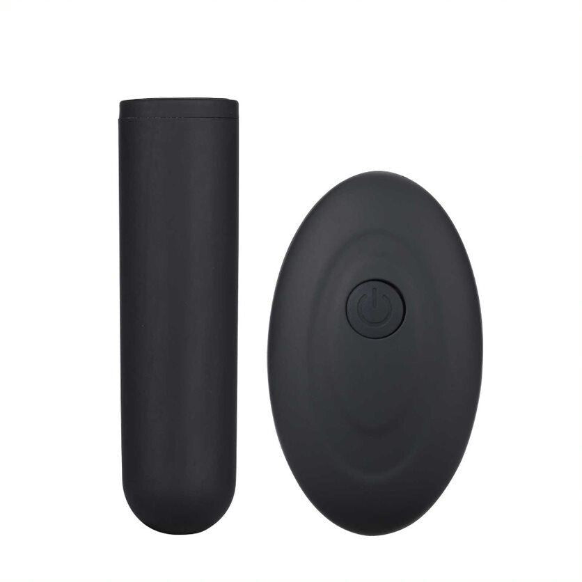 A small, black, bullet-shaped vibrator with a sleek design and a remote control featuring a single button.