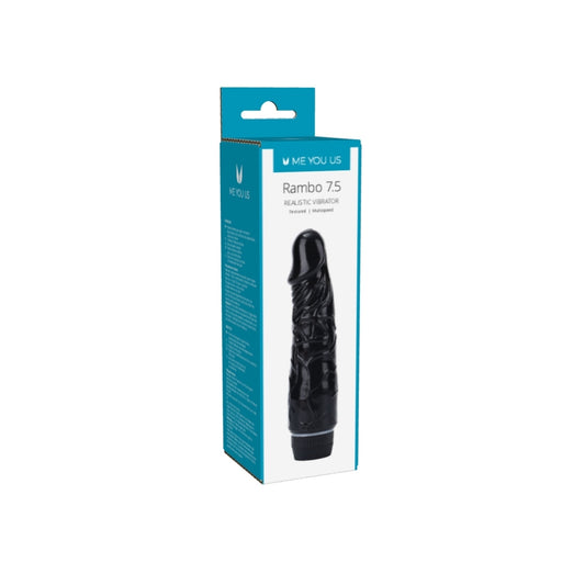 A black realistic vibrator with a veined curved shaft. The base has a multi-speed controller.