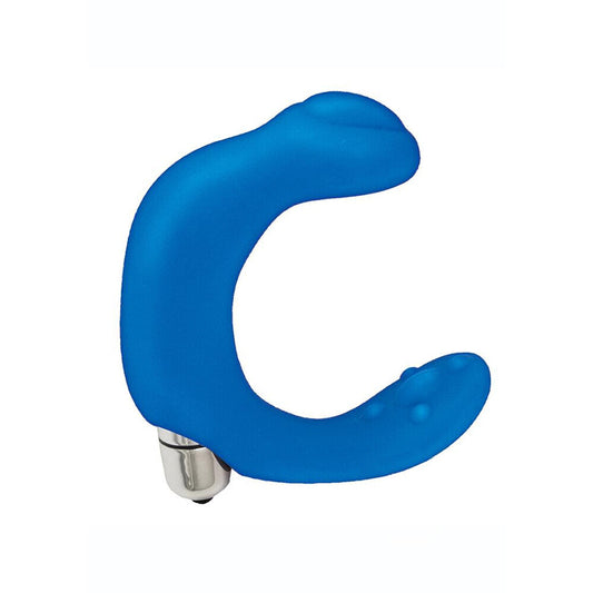 Blue silicone device with a metallic base on a white background