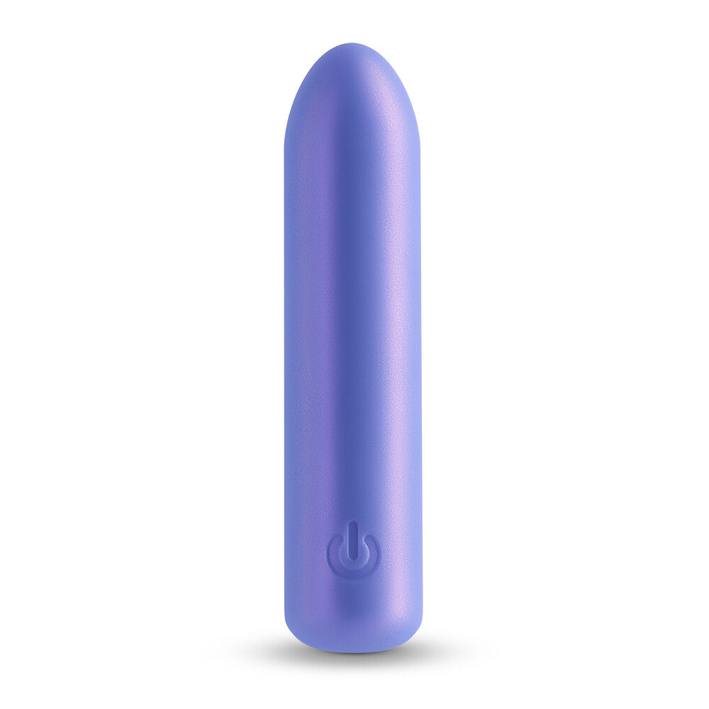 A small, blue bullet vibrator with a smooth surface and a power button on the base.