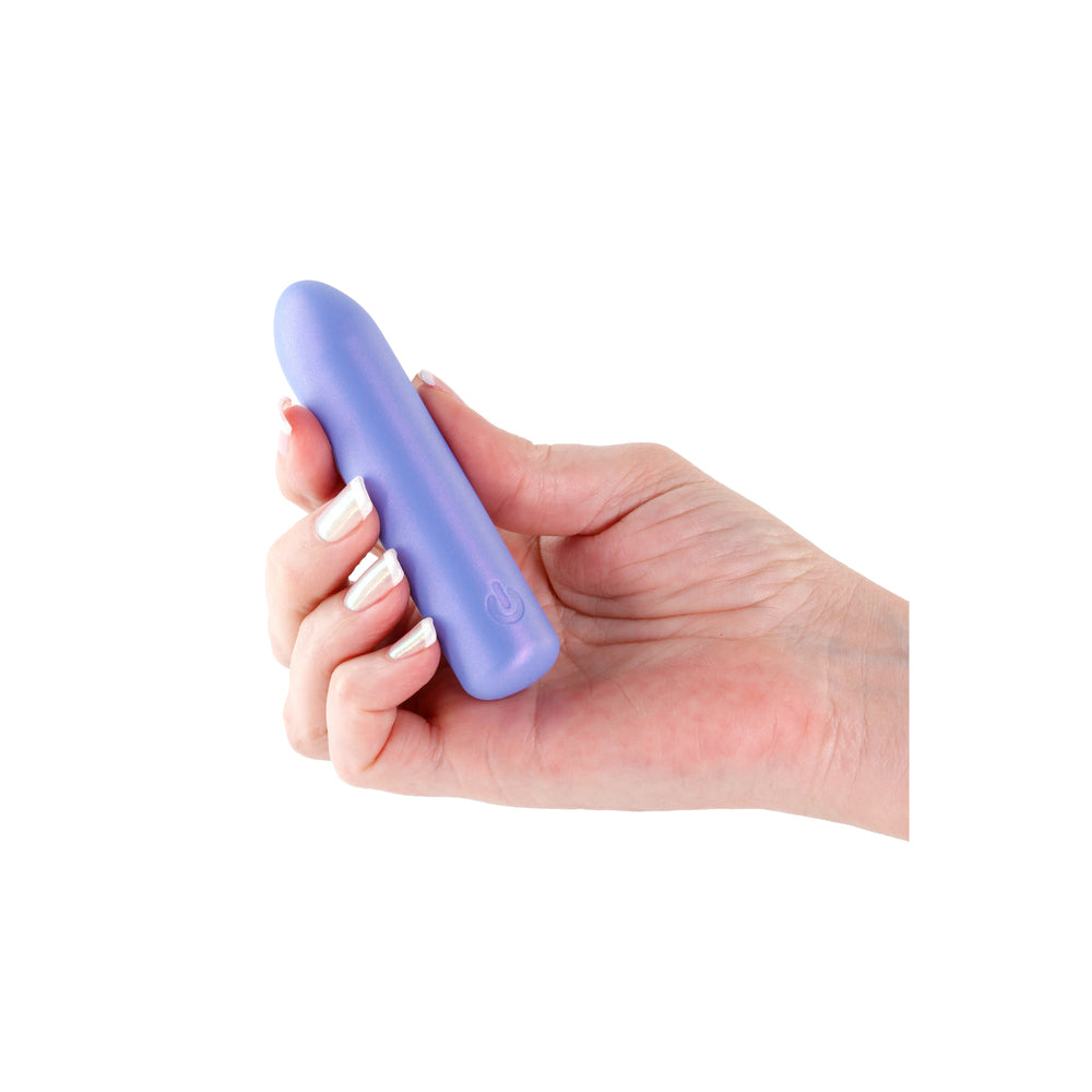 A small, blue bullet vibrator with a smooth surface and a power button on the base.