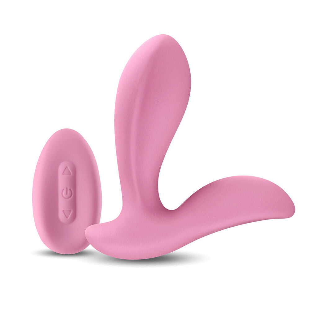 A pink silicone vibrator with a sleek and stylish design, featuring a curved end for G-spot stimulation and a smaller attachment for clitoral stimulation. The product also includes a remote control.
