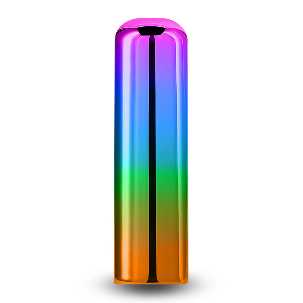 The image shows a slim and colorful vibrator with a gradient of rainbow colors, reflecting a shiny, metallic finish.