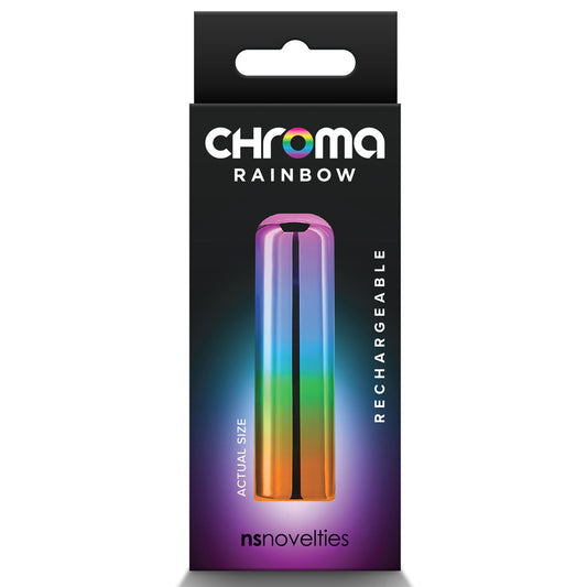 The image shows a slim and colorful vibrator with a gradient of rainbow colors, reflecting a shiny, metallic finish.
