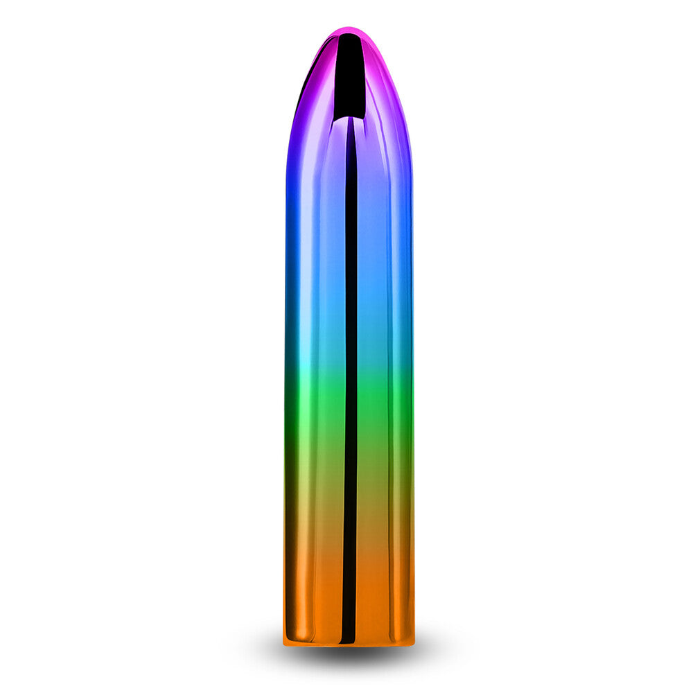 The product image shows a slim, multicolored vibrator in a box with a clear display of its rainbow colors. The box is labeled with the brand name 'Chroma' and the product name 'Rainbow Rechargeable Bullet'.
