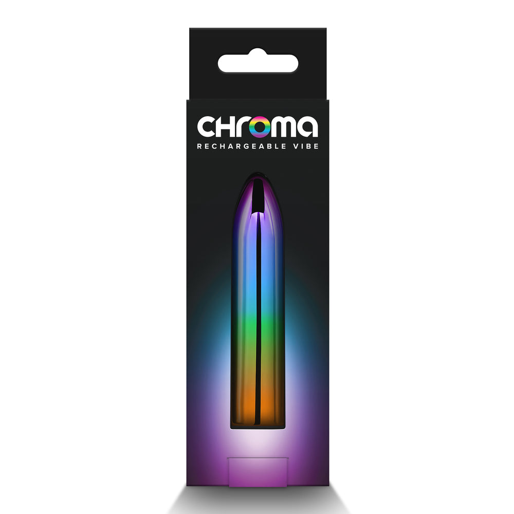 The product image shows a slim, multicolored vibrator in a box with a clear display of its rainbow colors. The box is labeled with the brand name 'Chroma' and the product name 'Rainbow Rechargeable Bullet'.
