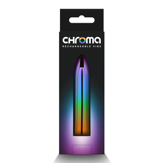 The product image shows a slim, multicolored vibrator in a box with a clear display of its rainbow colors. The box is labeled with the brand name 'Chroma' and the product name 'Rainbow Rechargeable Bullet'.