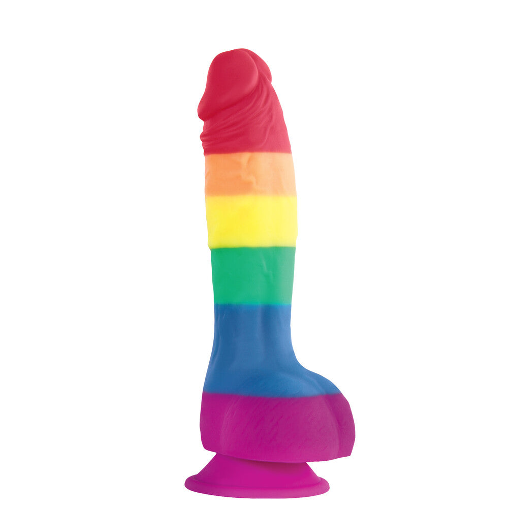 A rainbow-colored, realistic silicone dildo with a strong suction cup base.