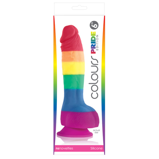 A rainbow-colored, realistic silicone dildo with a strong suction cup base.