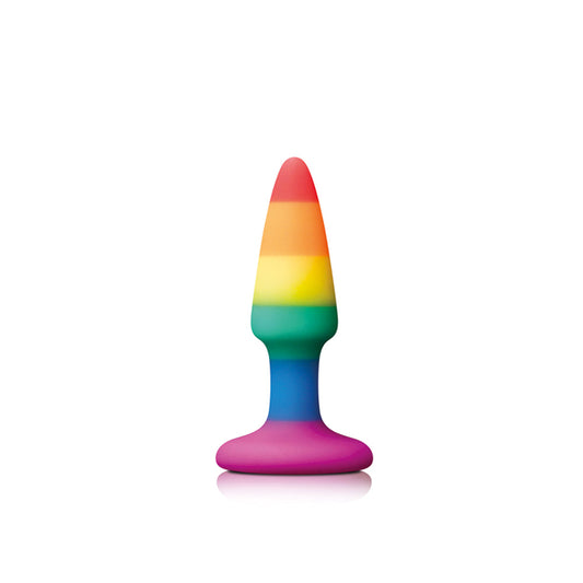 Colorful silicone butt plug with gradient design on a white background