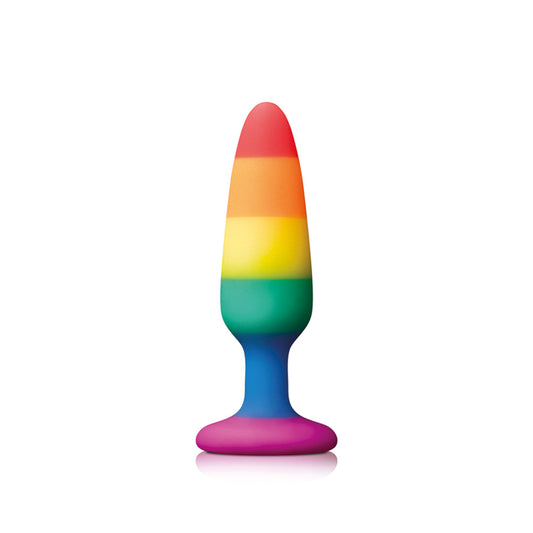 Colorful lava lamp with rainbow stripes on a white background