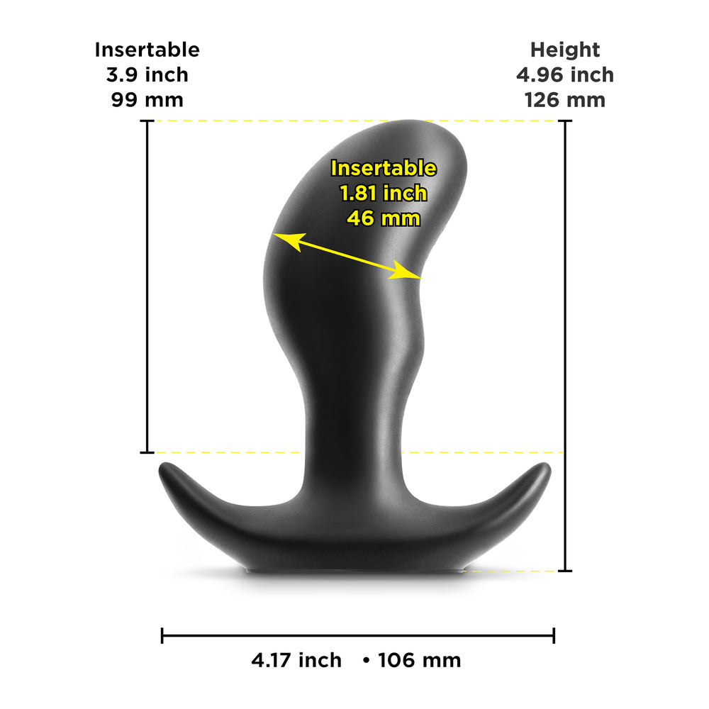 Black curved object with measurements labeled on a white background
