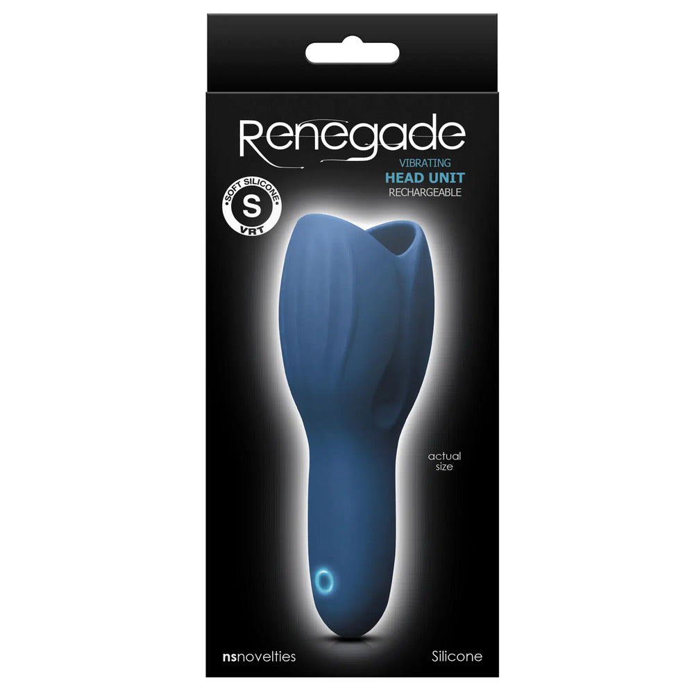 A blue, silicone vibrating head unit for men, packaged in a sleek black box with the brand name 'Renegade' displayed prominently. The packaging highlights its USB rechargeable feature and silicone material.