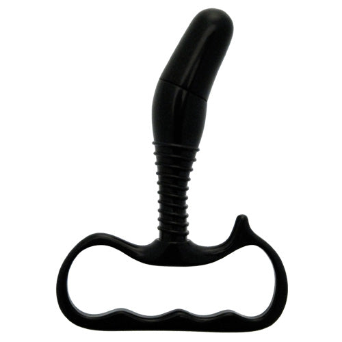 Black dog toy with a handle on a white background