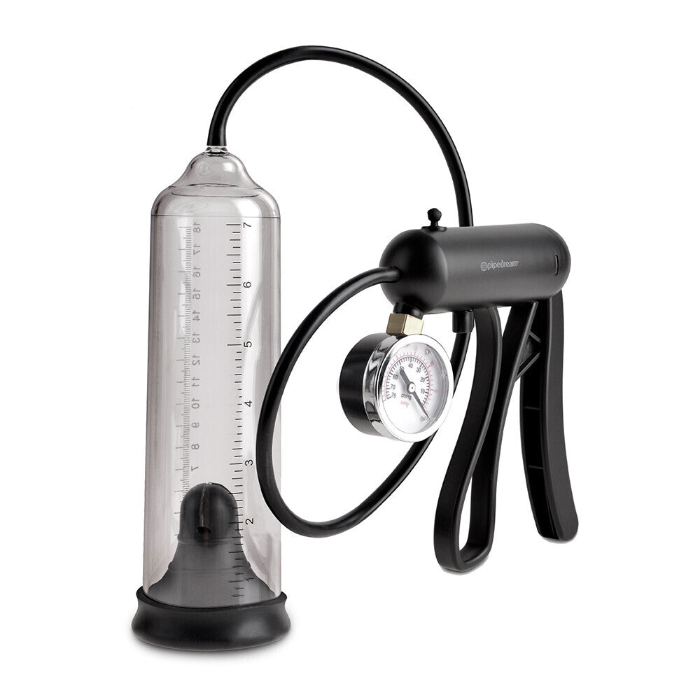 Black and clear bicycle pump with gauge on a white background