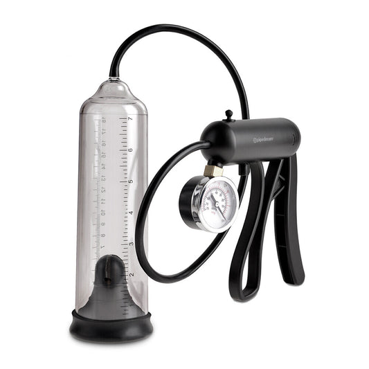 Black and clear bicycle pump with gauge on a white background