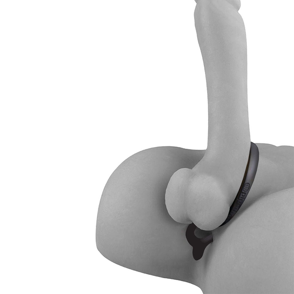 Gray neck pillow with a black strap on a white background