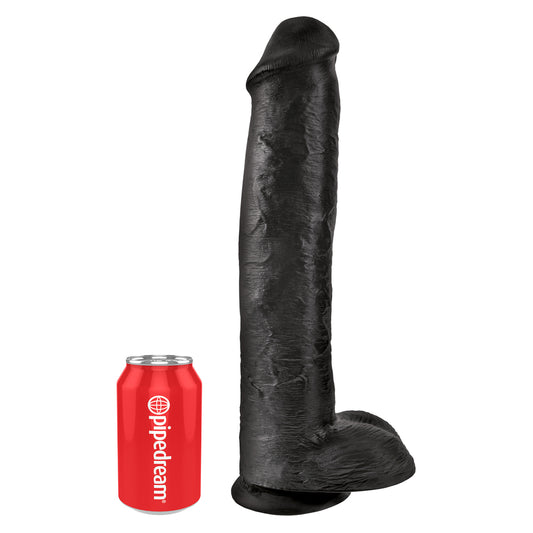 Black inflatable object next to a red can with 'pipedream' branding on a white background
