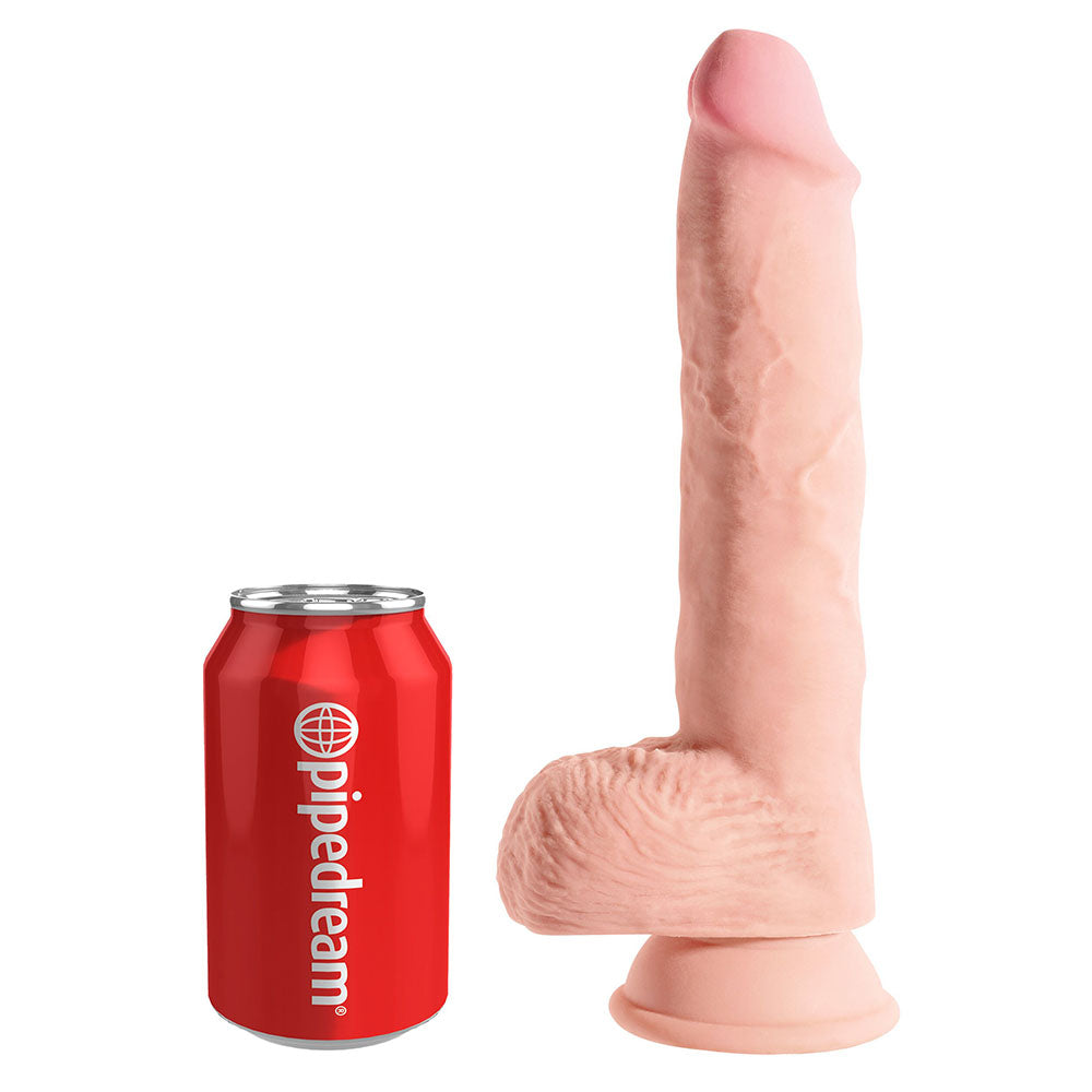 Pink silicone product next to a red 'Pipedream' can on a white background