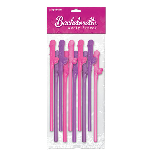 Packaging of Bachelorette Party Favors featuring 10 pink and purple straws with a playful design.