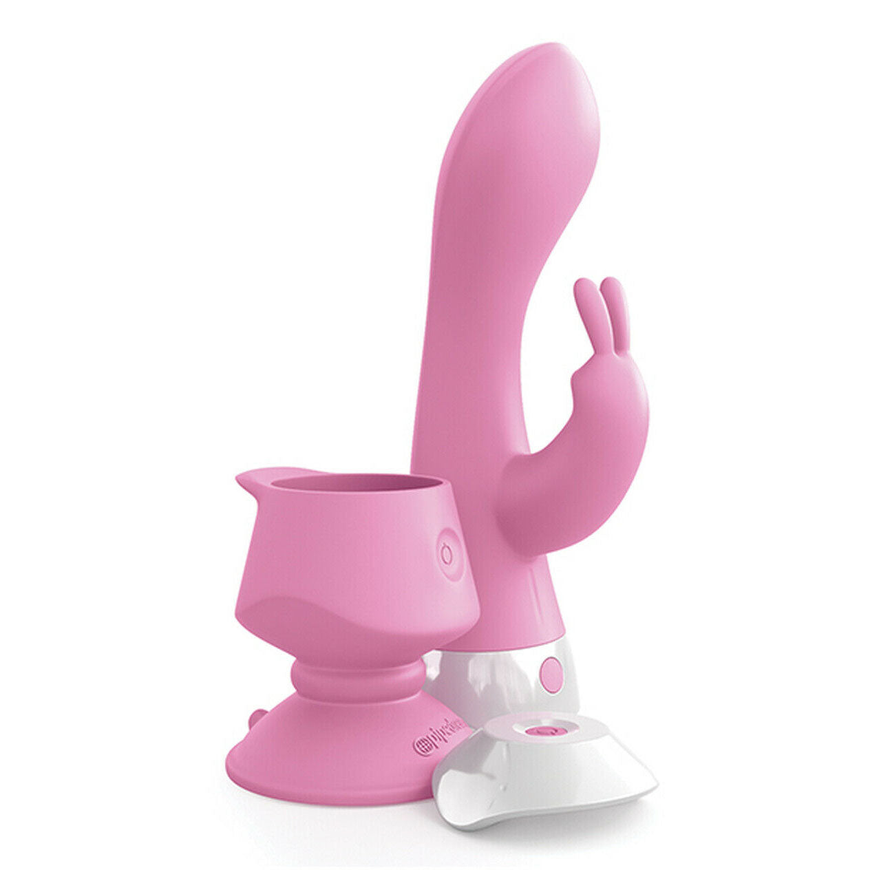A pink rabbit style vibrator with a magnetic wireless remote and a silicone suction cup base.