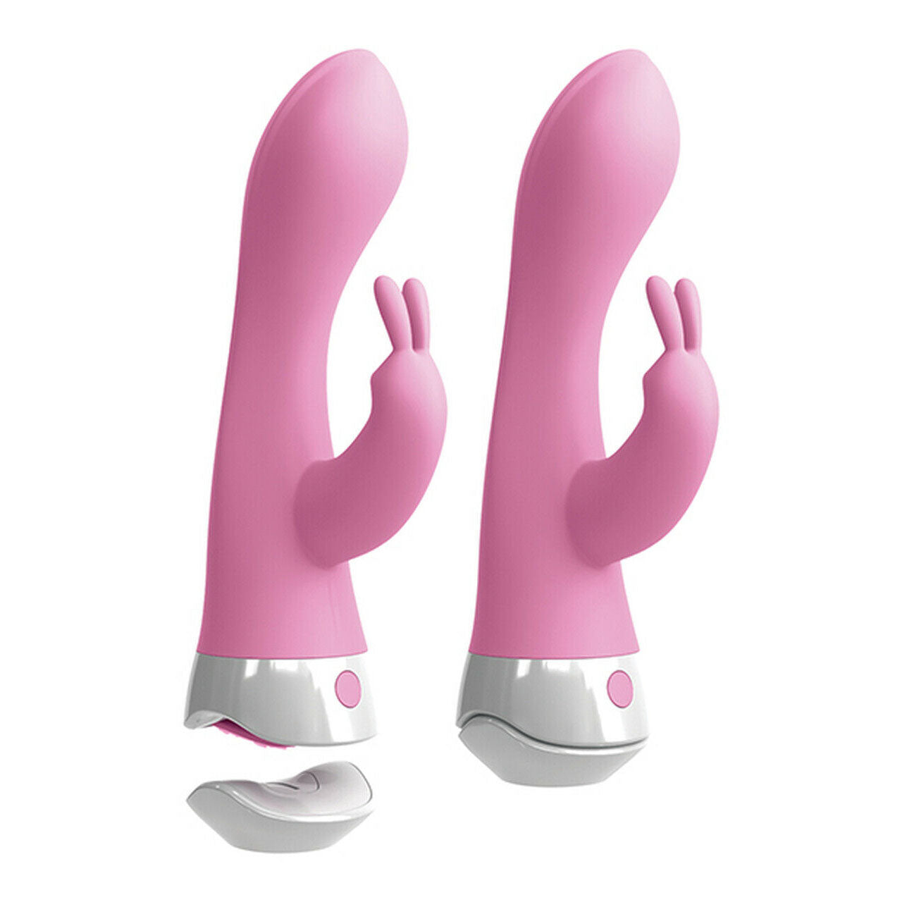A pink rabbit style vibrator with a magnetic wireless remote and a silicone suction cup base.