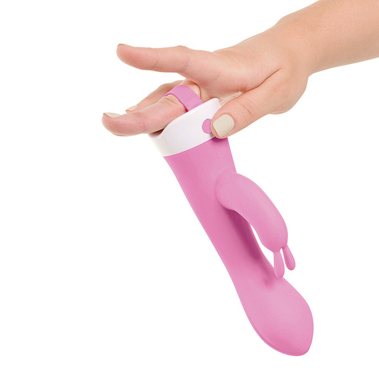 A pink rabbit style vibrator with a magnetic wireless remote and a silicone suction cup base.