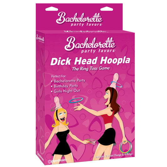 The product image shows the packaging of "Dick Head Hoopla," featuring images of two women playing with the items, which include two flesh pink strap-on dongs and six multicolored rings. The box is predominantly pink, with hearts and text indicating the product is for party favors and suitable for bachelorette parties.