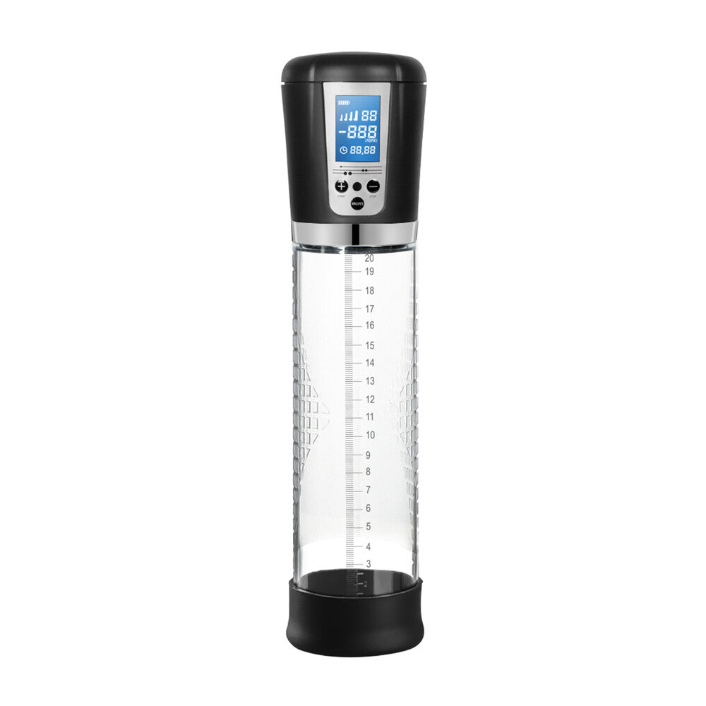 Clear measuring cup with digital display on a white background