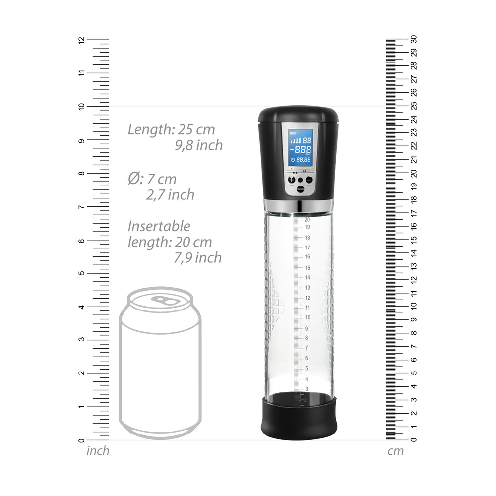 Measurement chart showing a clear electronic device with black top and bottom, alongside a can for scale on a white background.