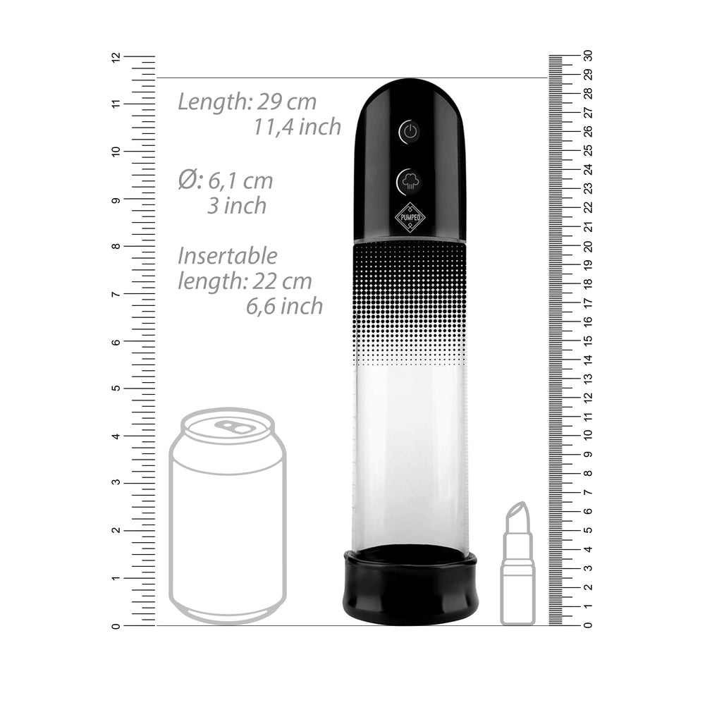 Black and clear device with measurements against a white background