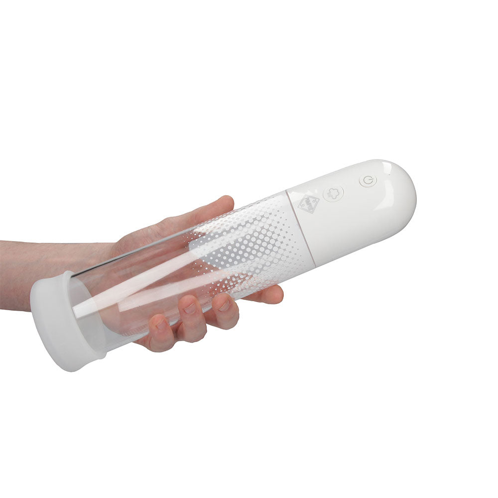 Hand holding a white electronic device with a clear plastic component on a white background