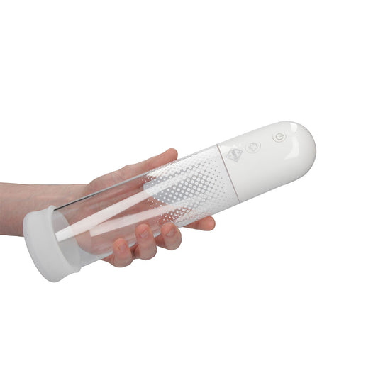 Hand holding a white electronic device with a clear plastic component on a white background