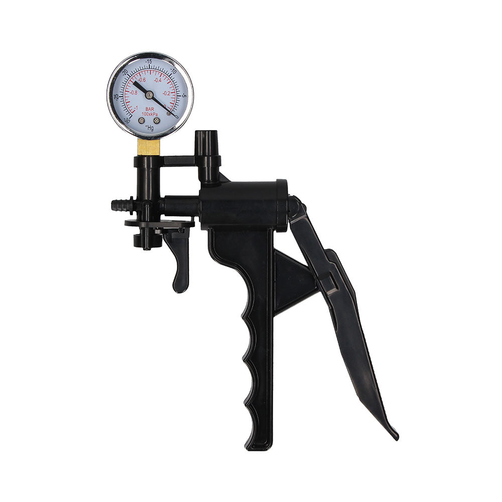 Black pressure gauge tool with a white background