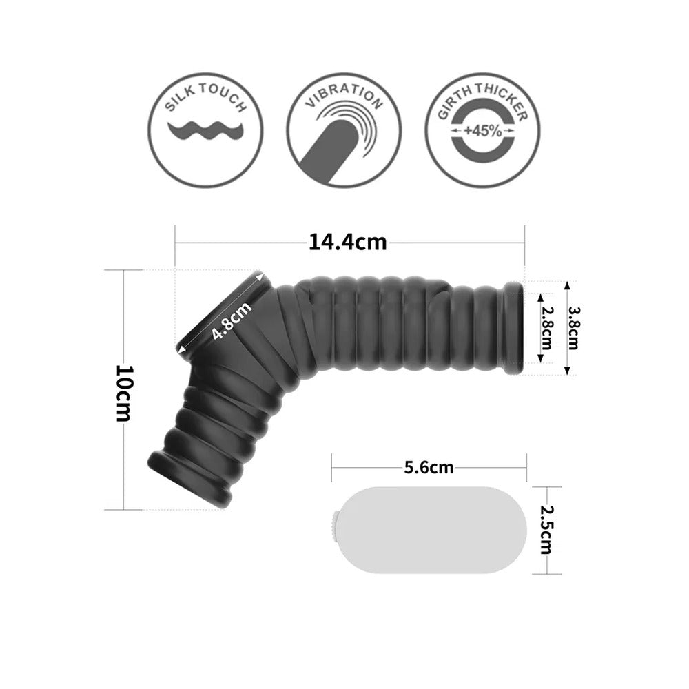 Black flexible hose with measurements and feature icons on a white background