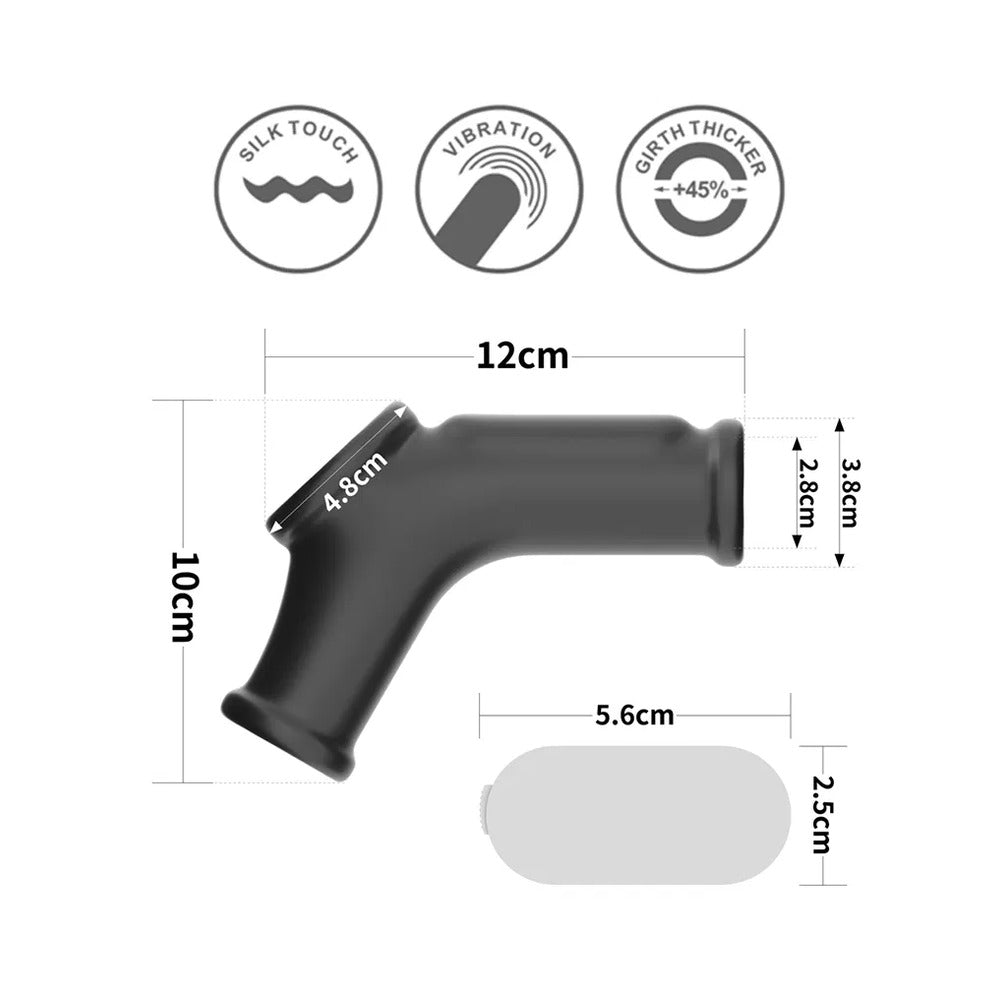 Black product with measurements and feature icons on a white background