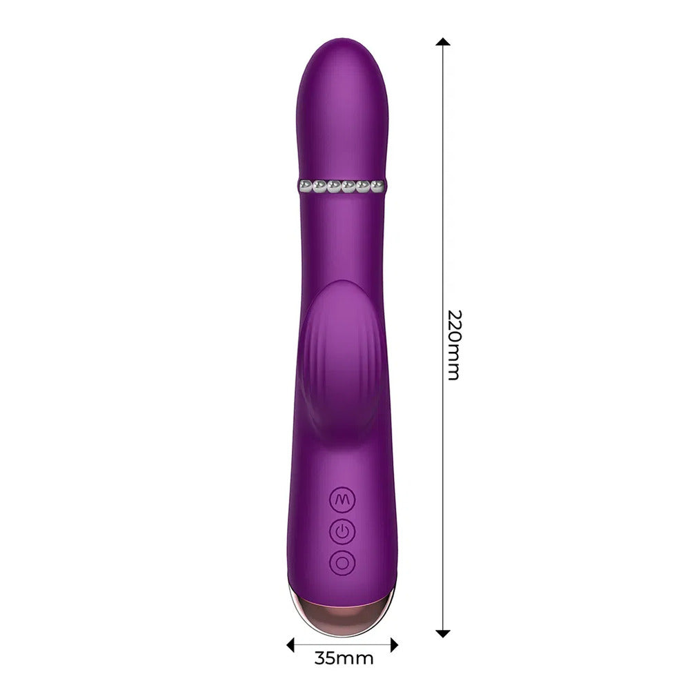 Purple personal care device with measurements on a white background