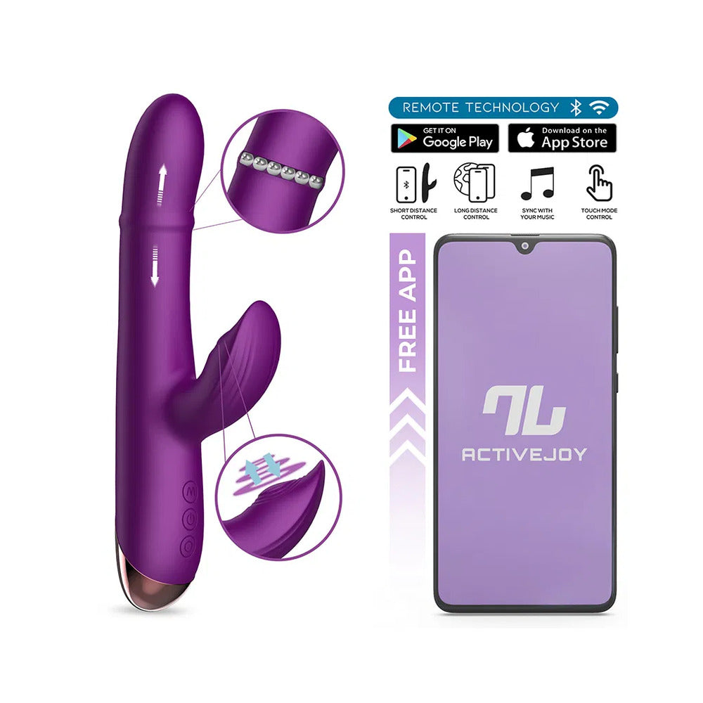 A purple Rabbit Vibrator with dual stimulation designed for both clitoral and vaginal pleasure. The product is shown alongside its remote control and a smartphone indicating the app compatibility.