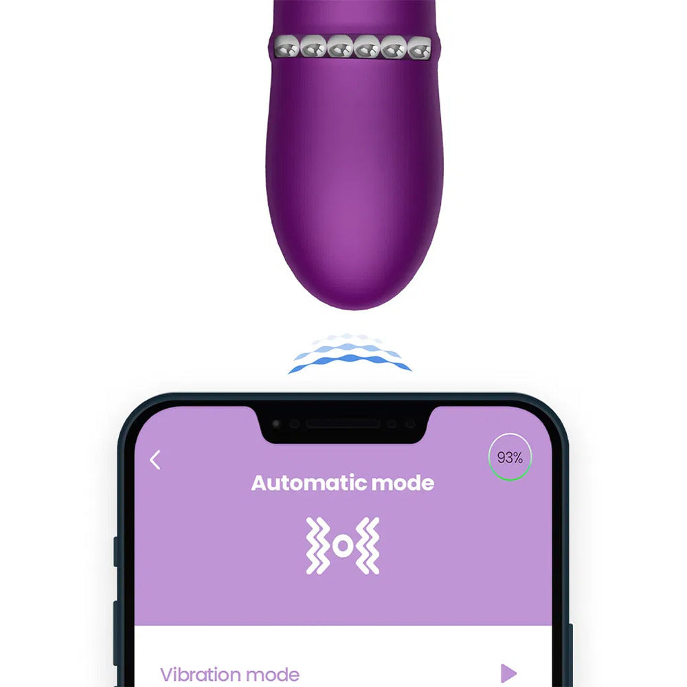 Purple adult product interacting with a smartphone displaying automatic mode.