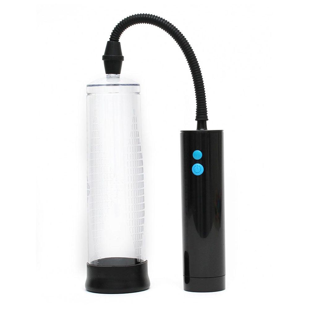 Clear cylindrical container with black base and flexible hose on a white background