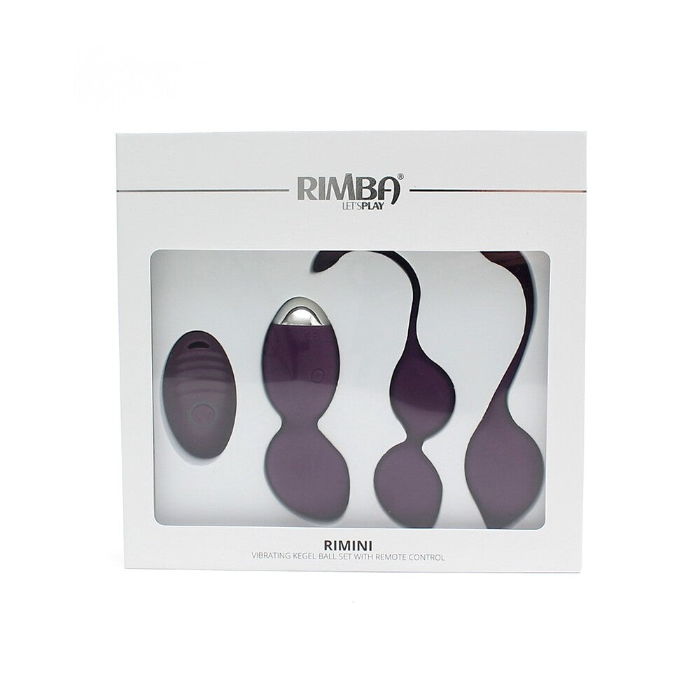 Product packaging for a vibrating kegel set with remote control on a white background.