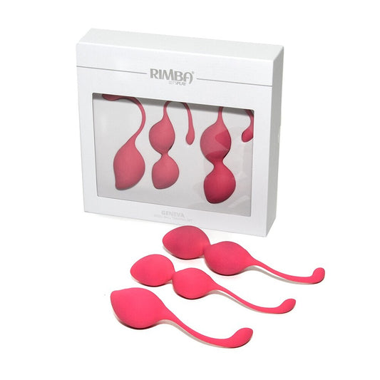 The image shows three pink silicone kegel balls, each with a loop handle for easy removal. The balls come in different sizes and are designed to be used as part of a Kegel exercise training set.