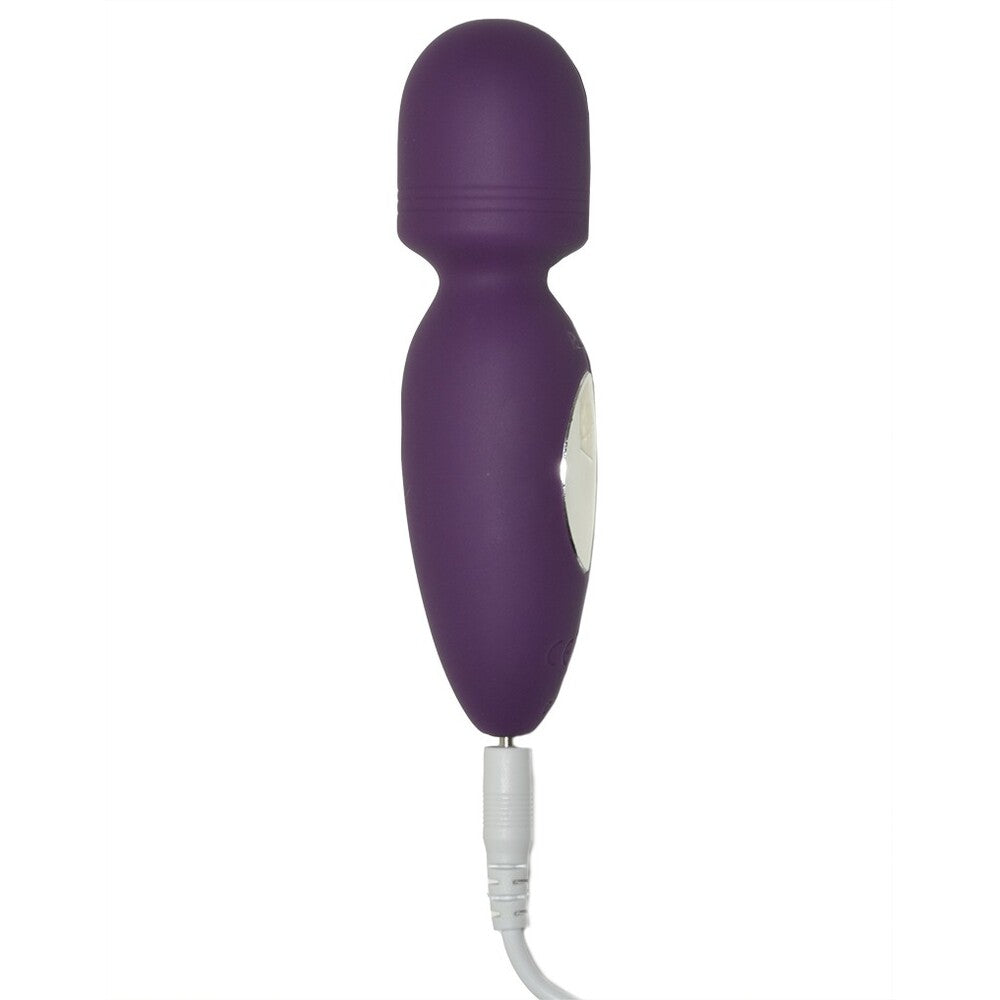 A purple mini wand vibrator with a smooth surface and a white accent on the handle.