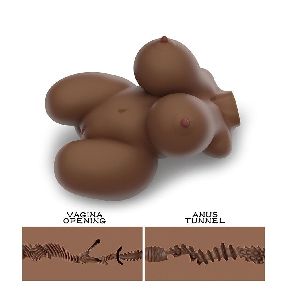 Sexual product with labeled 'Vagina Opening' and 'Anus Tunnel' on a white background
