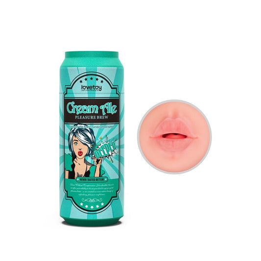 Teal can labeled 'Cream Ale Pleasure Brew' with a close-up of a realistic silicone lip on a white background.