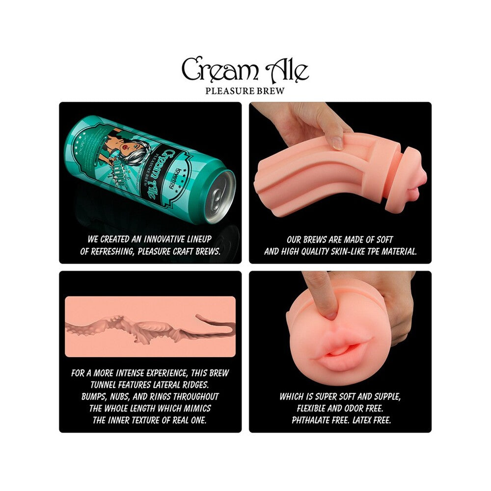 Promotional image of a product with text about 'Cream Ale Pleasure Brew' and its features.