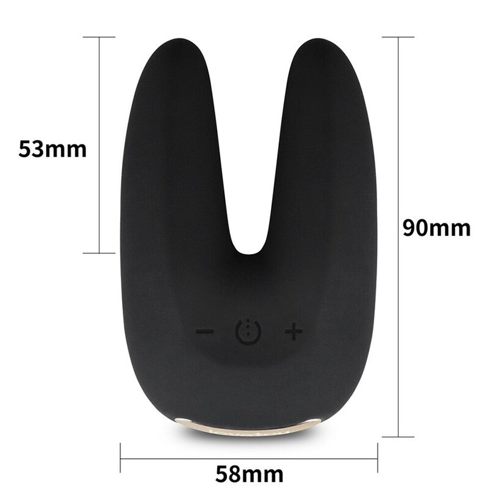 Black device with dimensions and control buttons on a white background